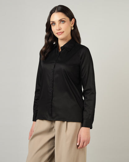 Women’s Black Cotton Satin Regular Fit Shirt -3064