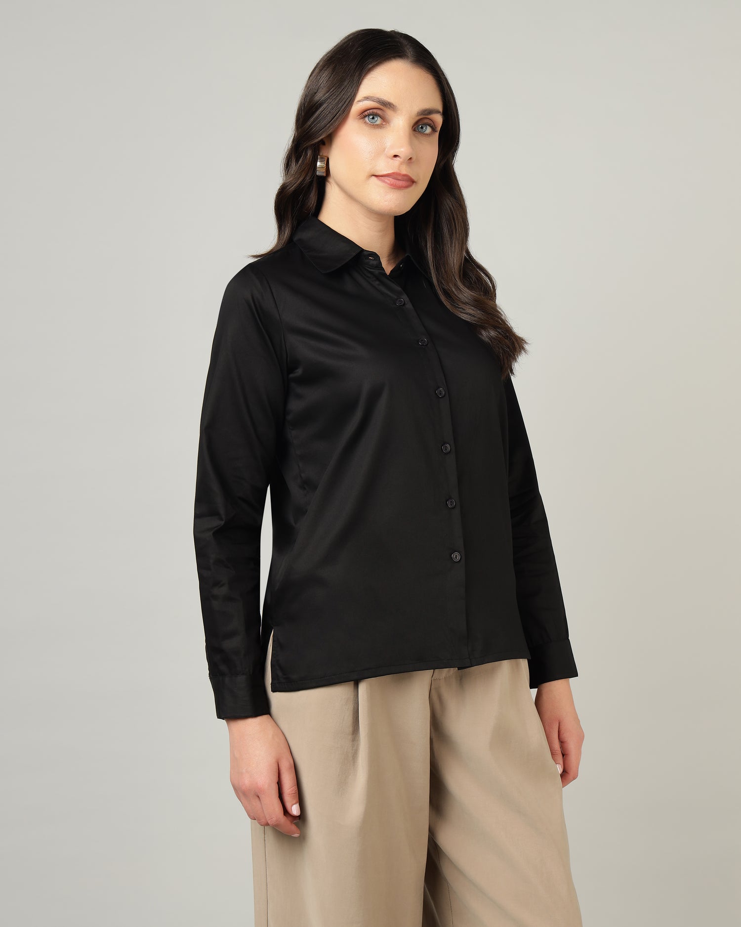 Women’s Black Cotton Satin Regular Fit Shirt -3064