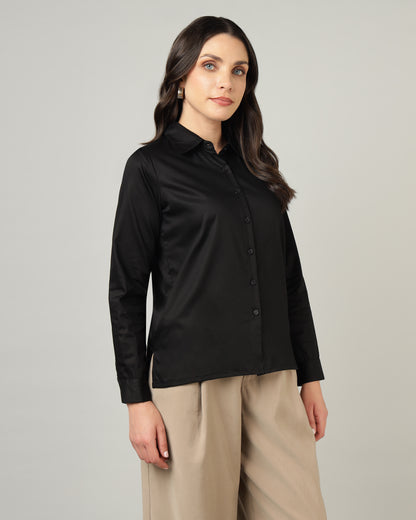 Women’s Black Cotton Satin Regular Fit Shirt -3064