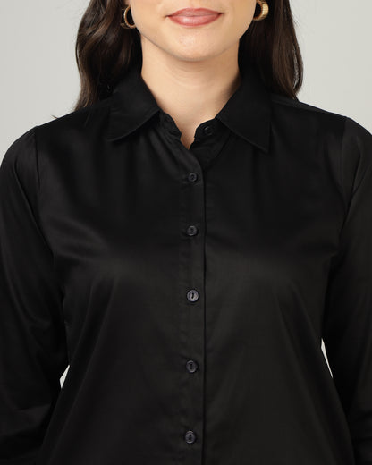 Women’s Black Cotton Satin Regular Fit Shirt -3064