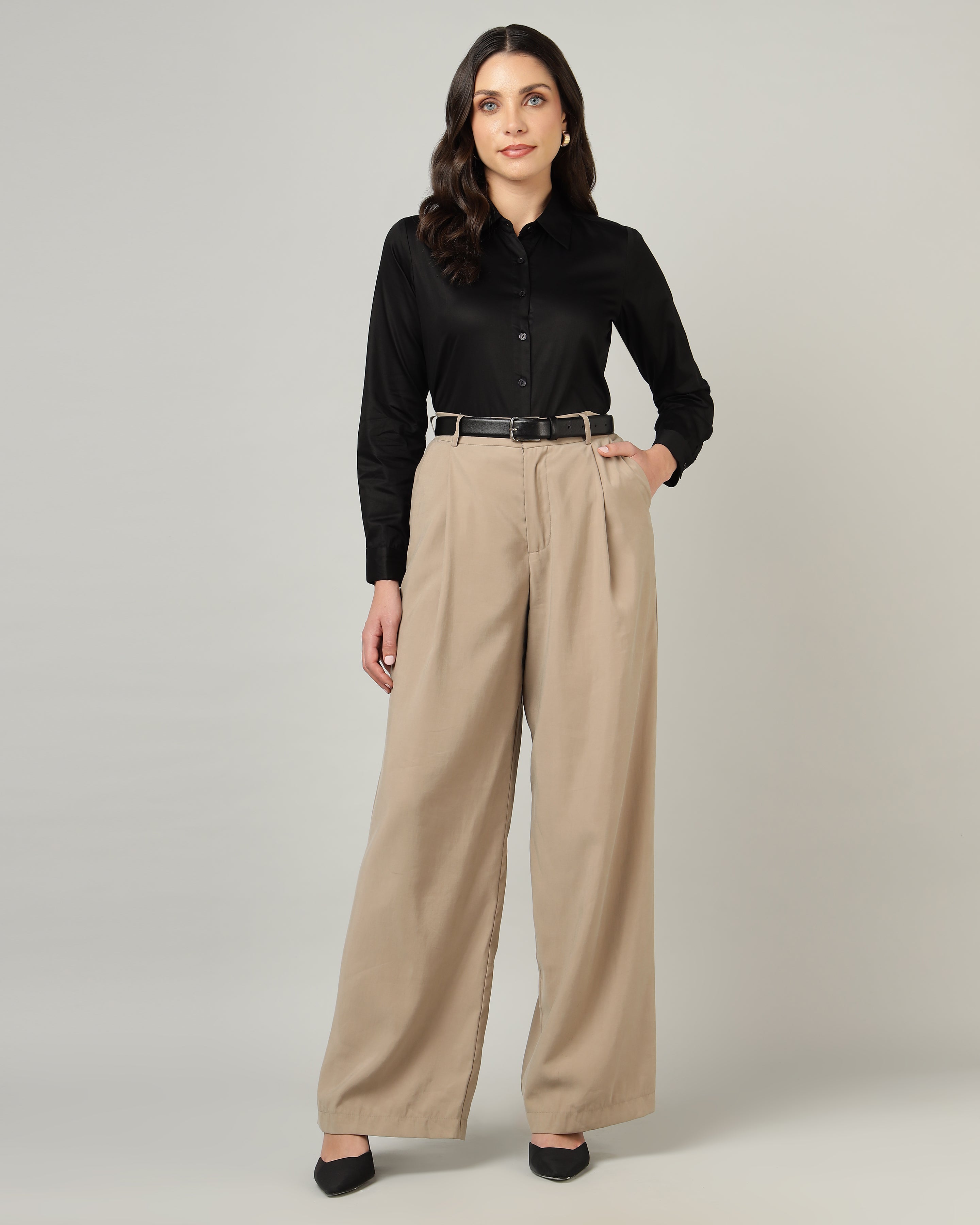 Women’s Black Cotton Satin Regular Fit Shirt -3064