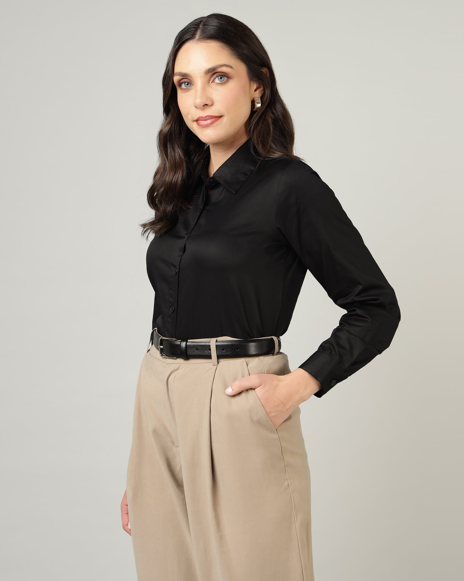 Women’s Black Cotton Satin Regular Fit Shirt -3064