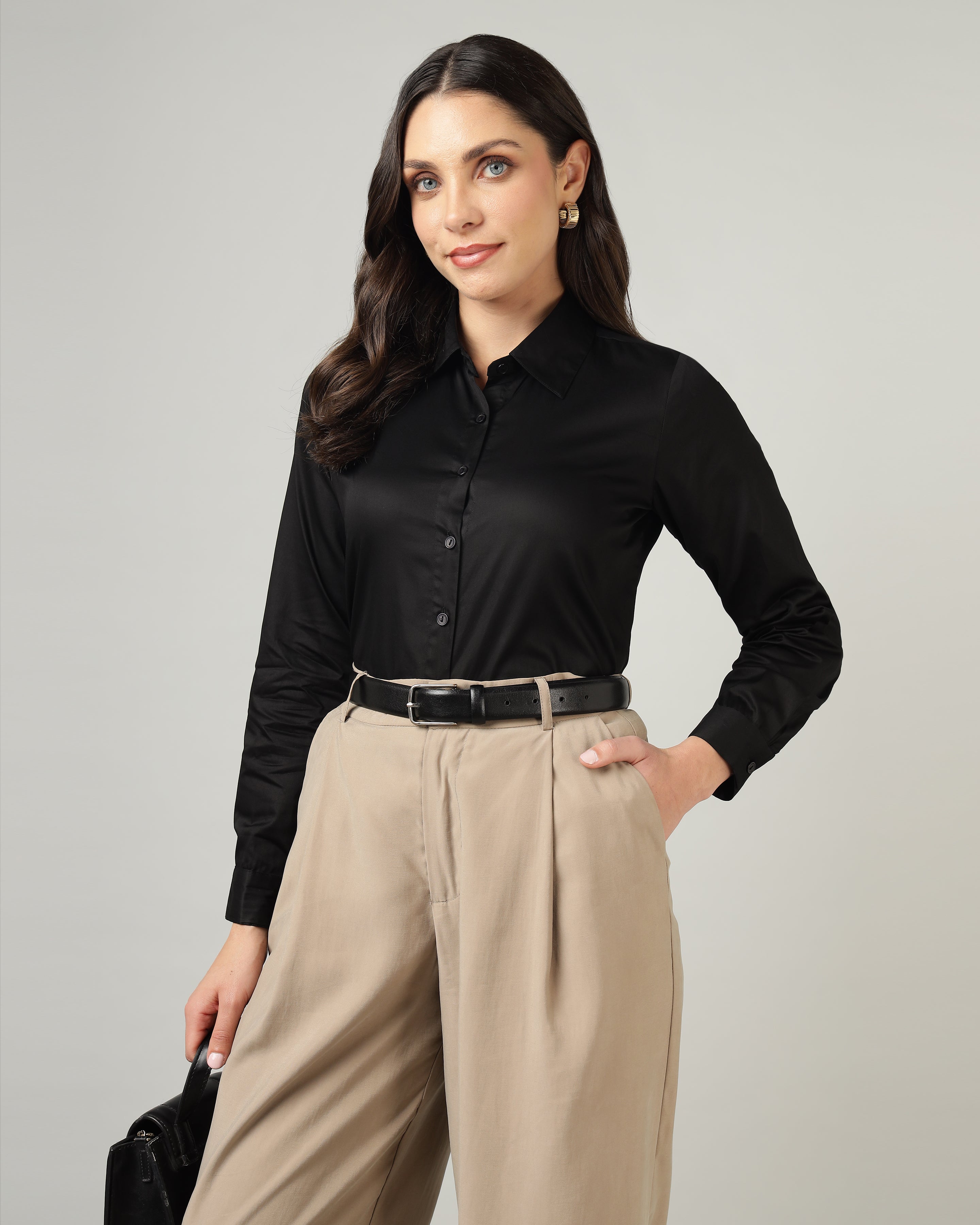Women’s Black Cotton Satin Regular Fit Shirt -3064