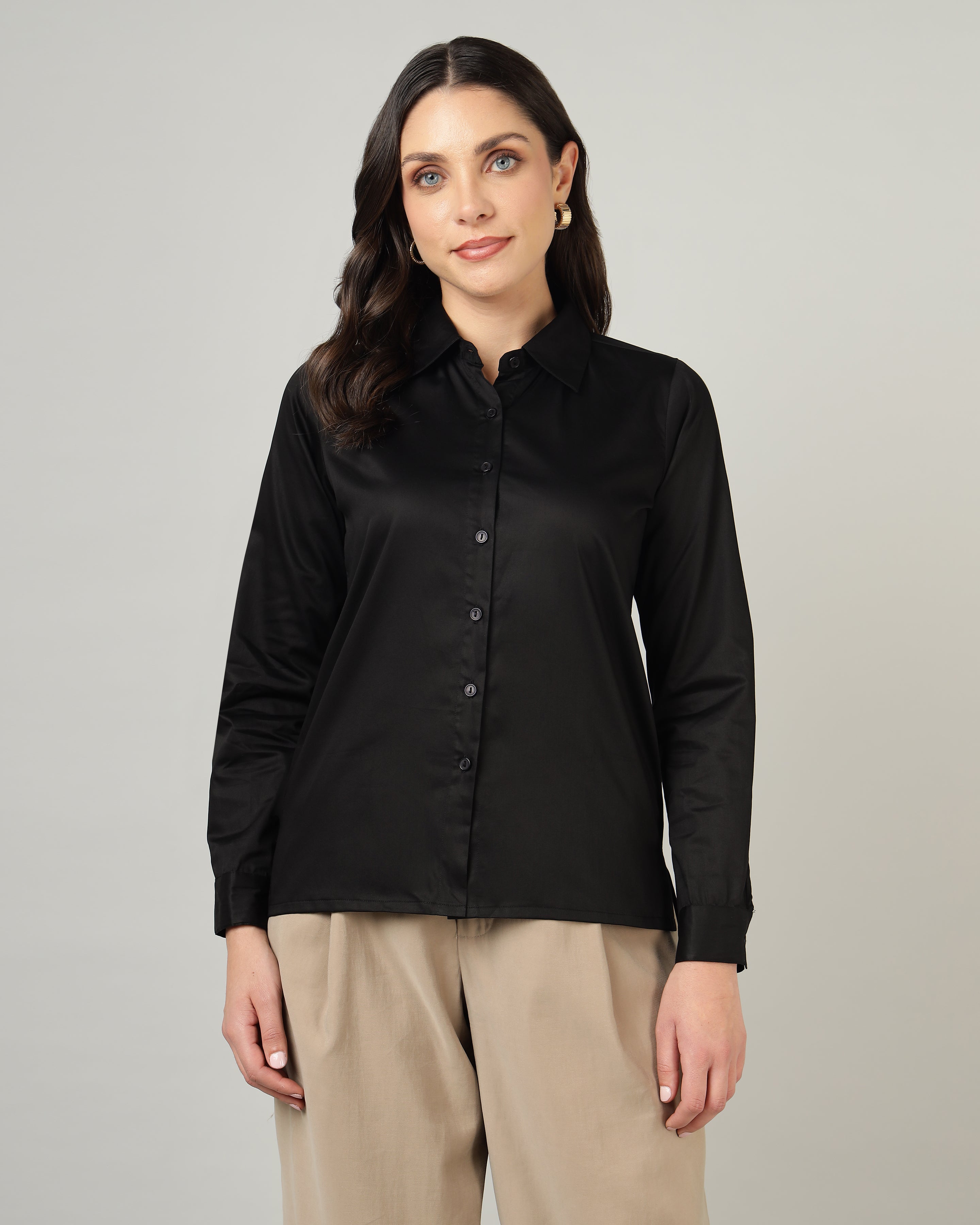 Women’s Black Cotton Satin Regular Fit Shirt -3064