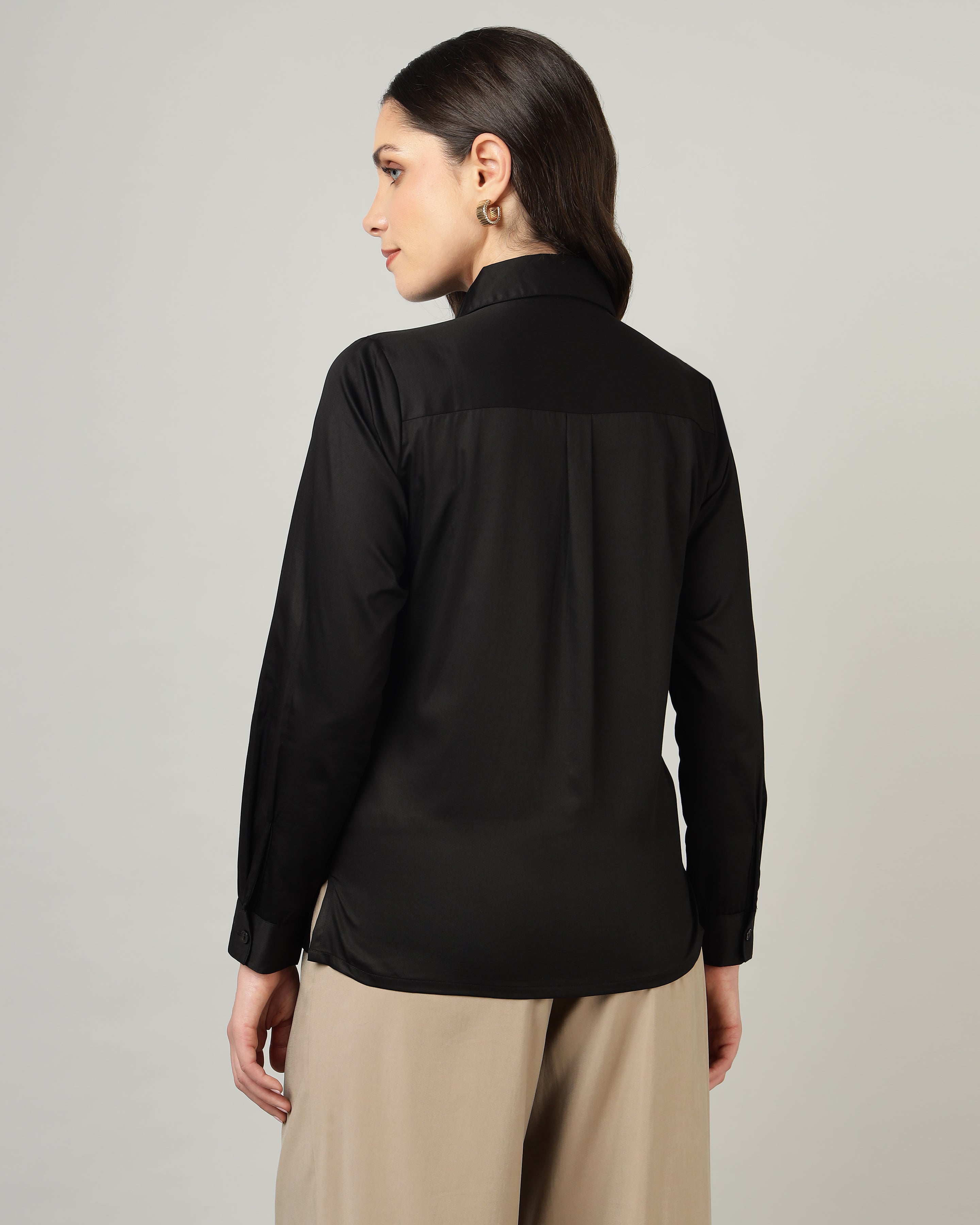 Women’s Black Cotton Satin Regular Fit Shirt -3064