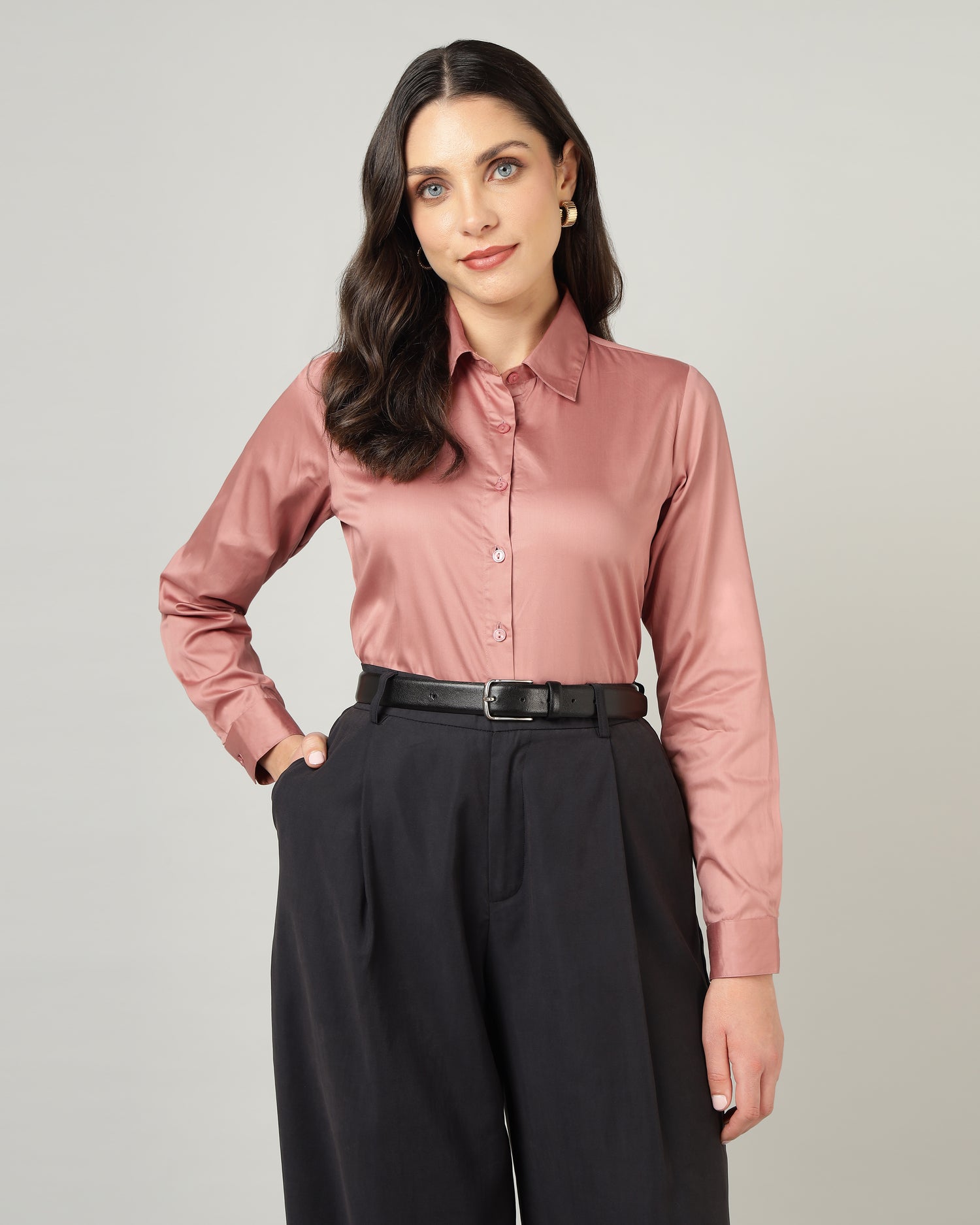 Women’s Pastel Pink Cotton Satin Regular Fit Shirt -3065
