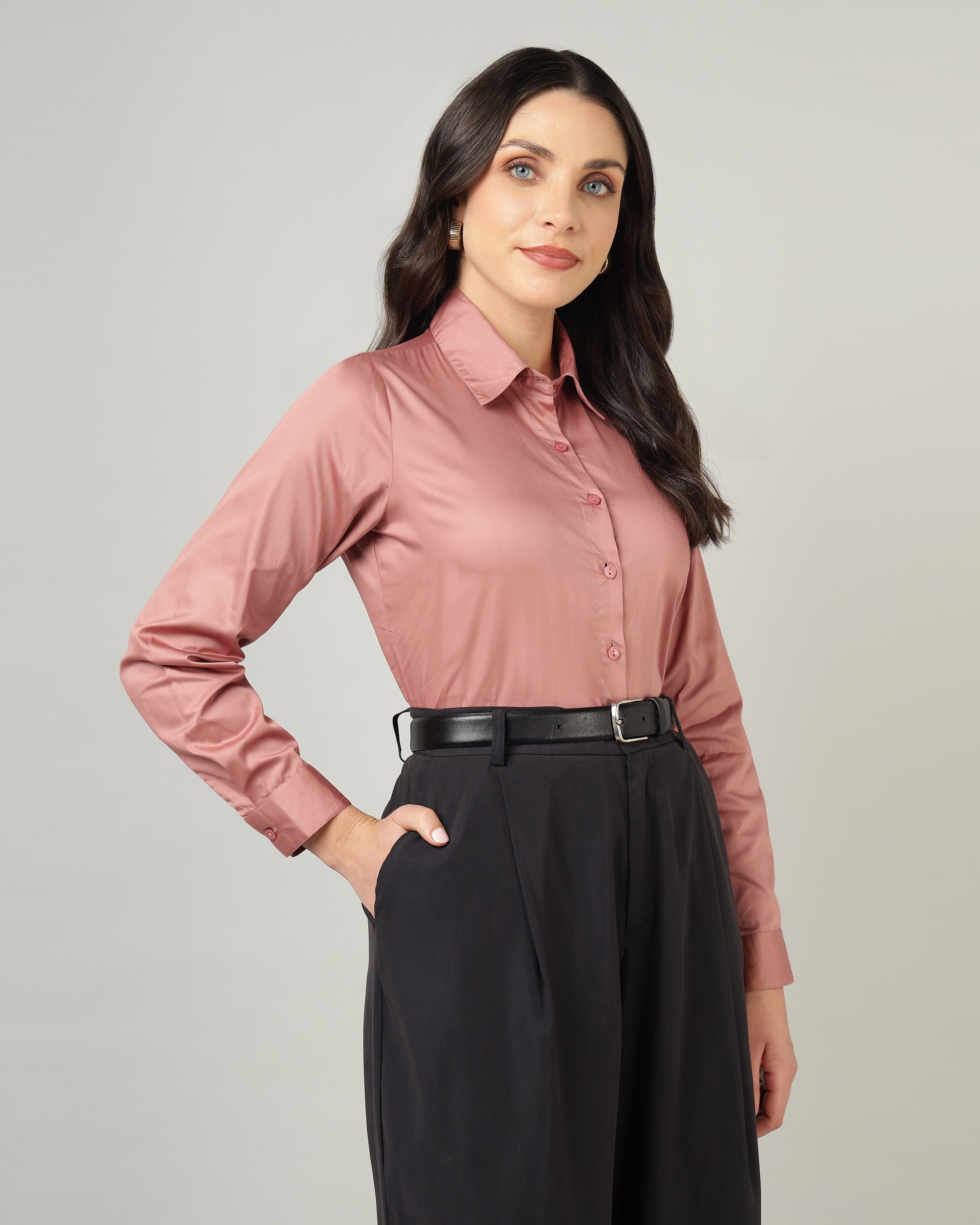 Women’s Pastel Pink Cotton Satin Regular Fit Shirt -3065