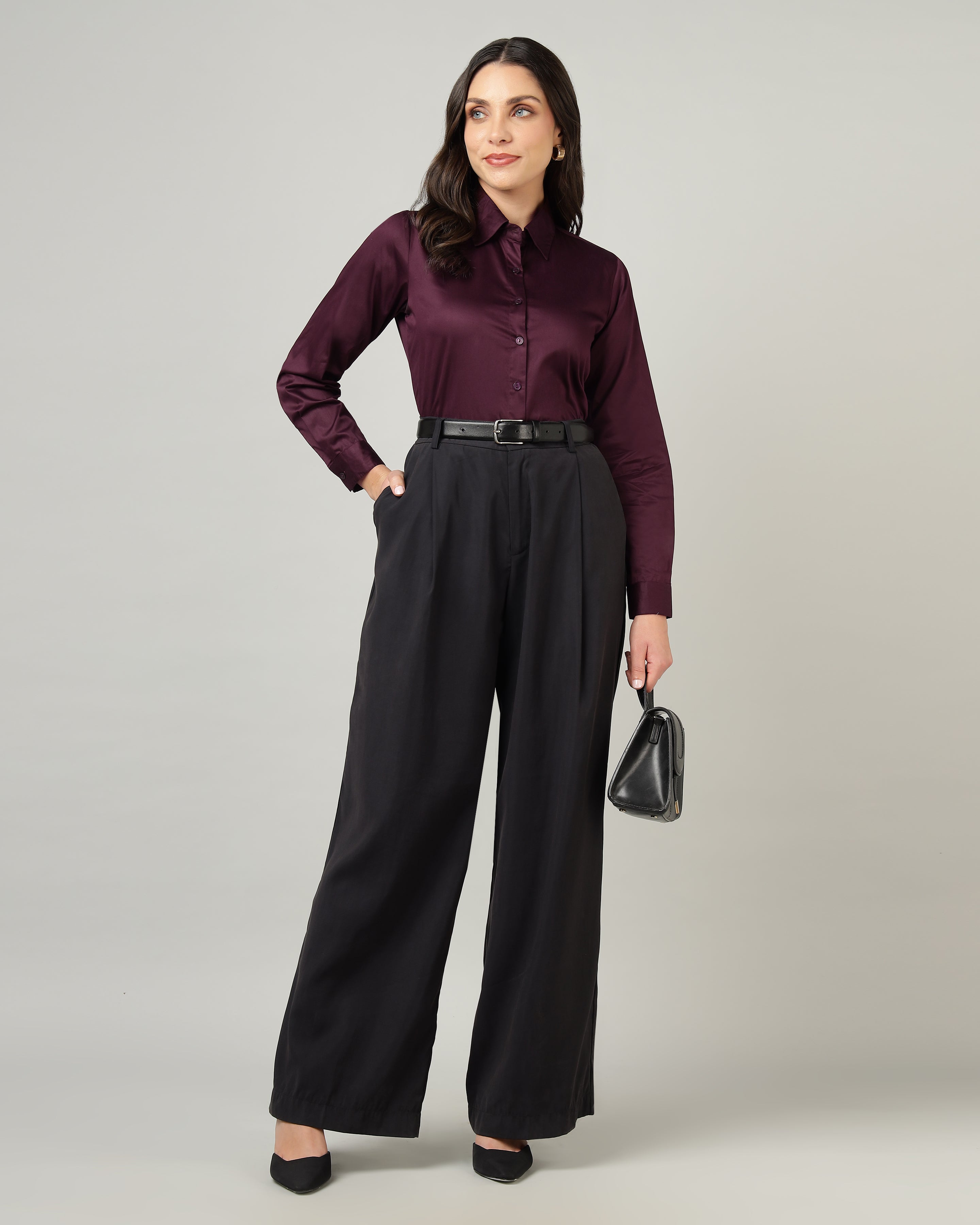 Women’s Purple Cotton Satin Regular Fit Shirt -3066