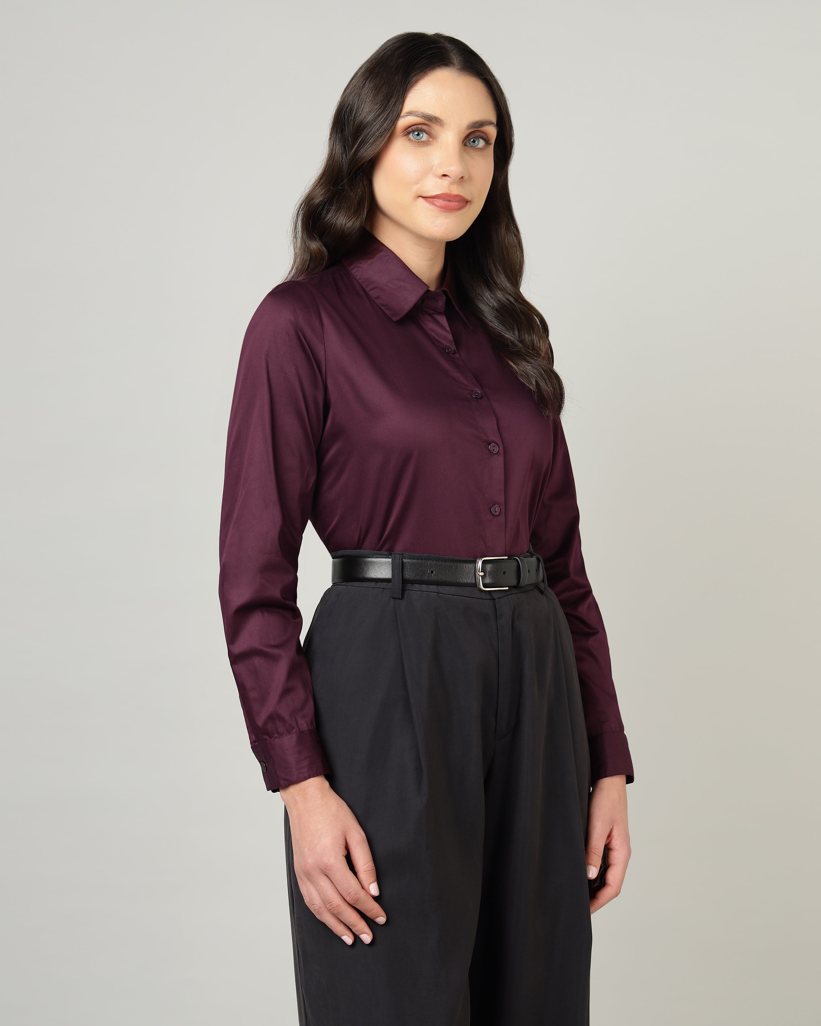 Women’s Purple Cotton Satin Regular Fit Shirt -3066