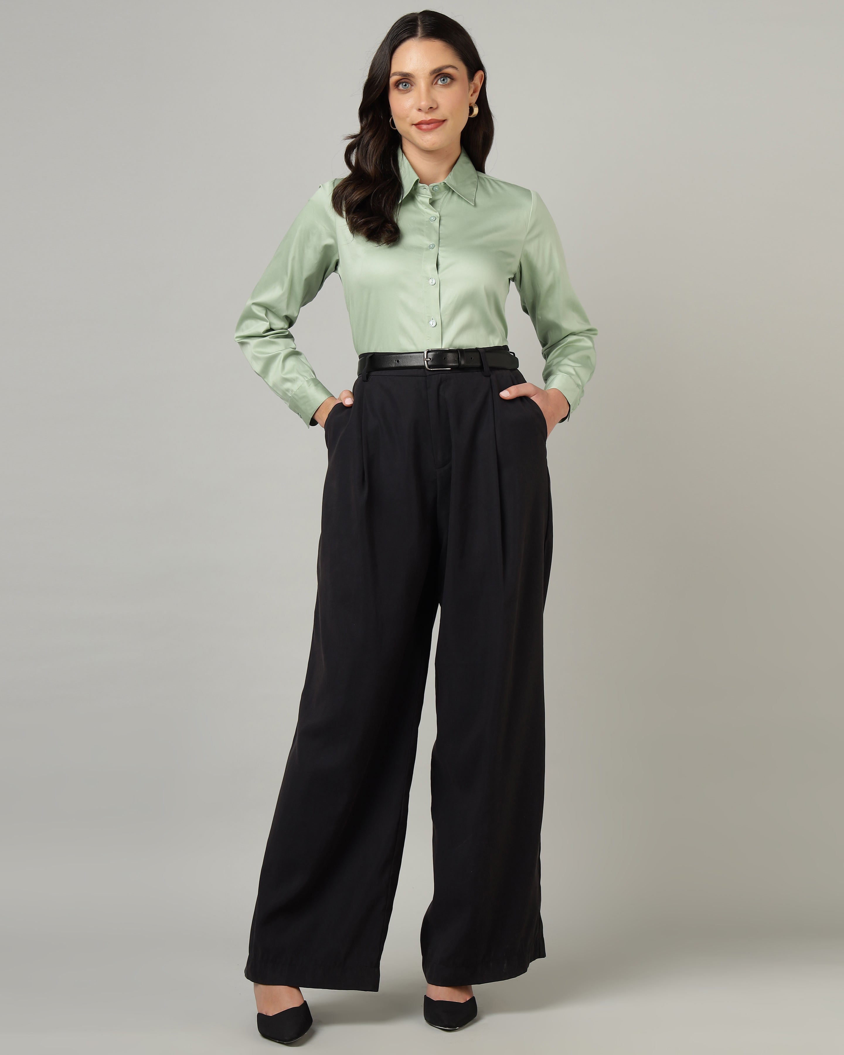 Women’s Pastel Green Cotton Satin Regular Fit Shirt- 3067