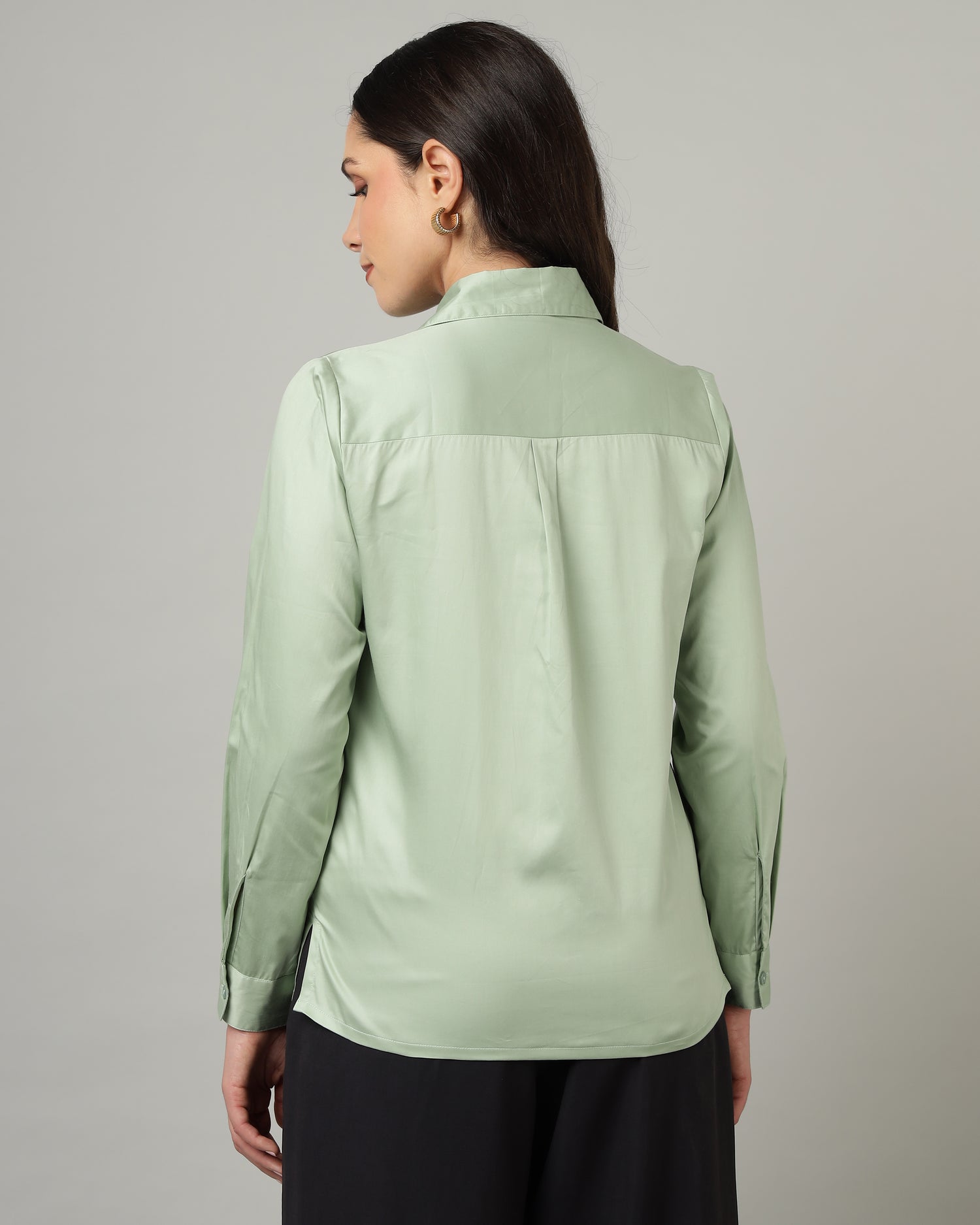 Women’s Pastel Green Cotton Satin Regular Fit Shirt- 3067