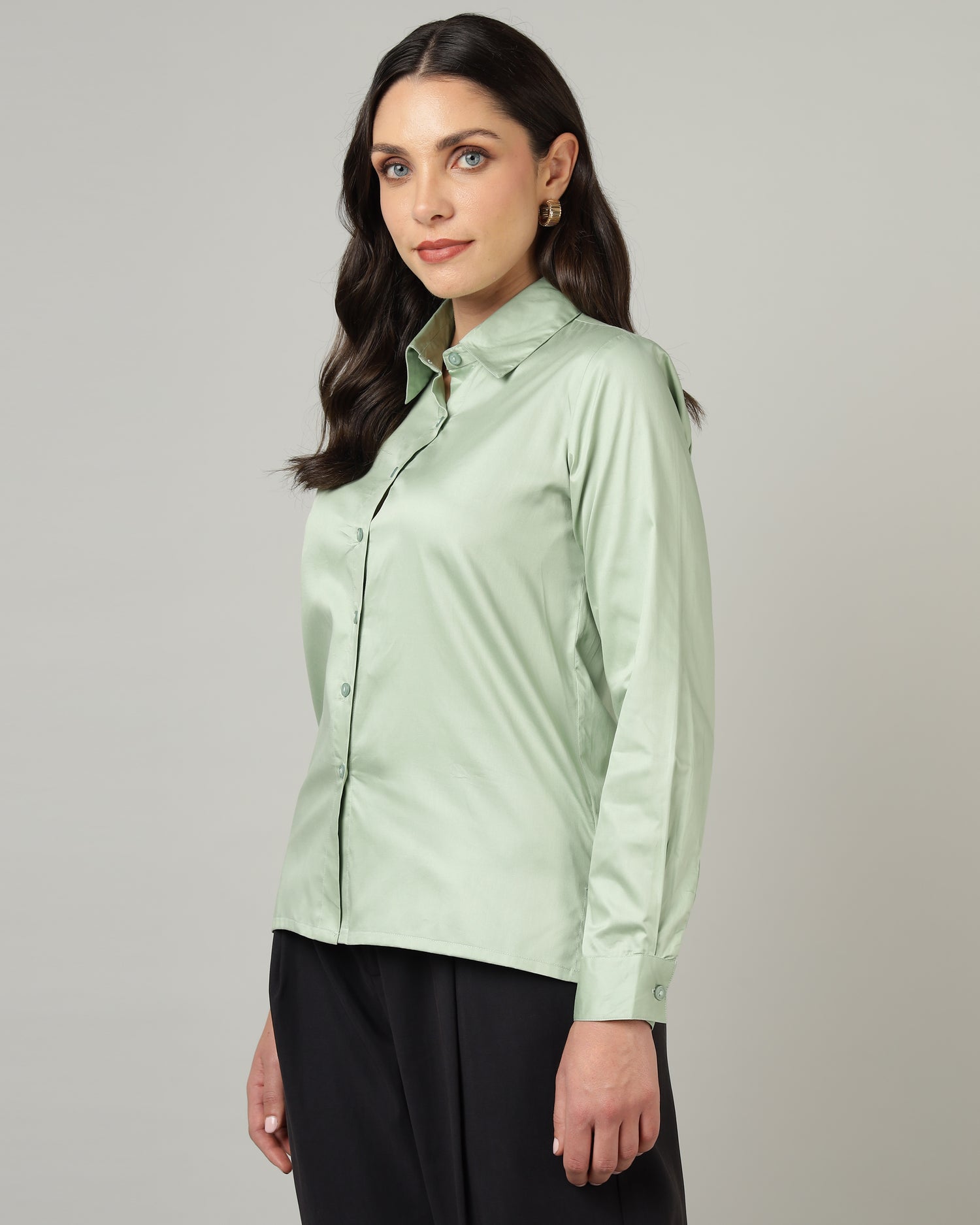 Women’s Pastel Green Cotton Satin Regular Fit Shirt- 3067