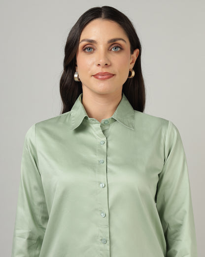 Women’s Pastel Green Cotton Satin Regular Fit Shirt- 3067