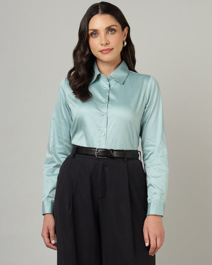 Women’s Pastel Blue Cotton Satin Regular Fit Shirt- 3068
