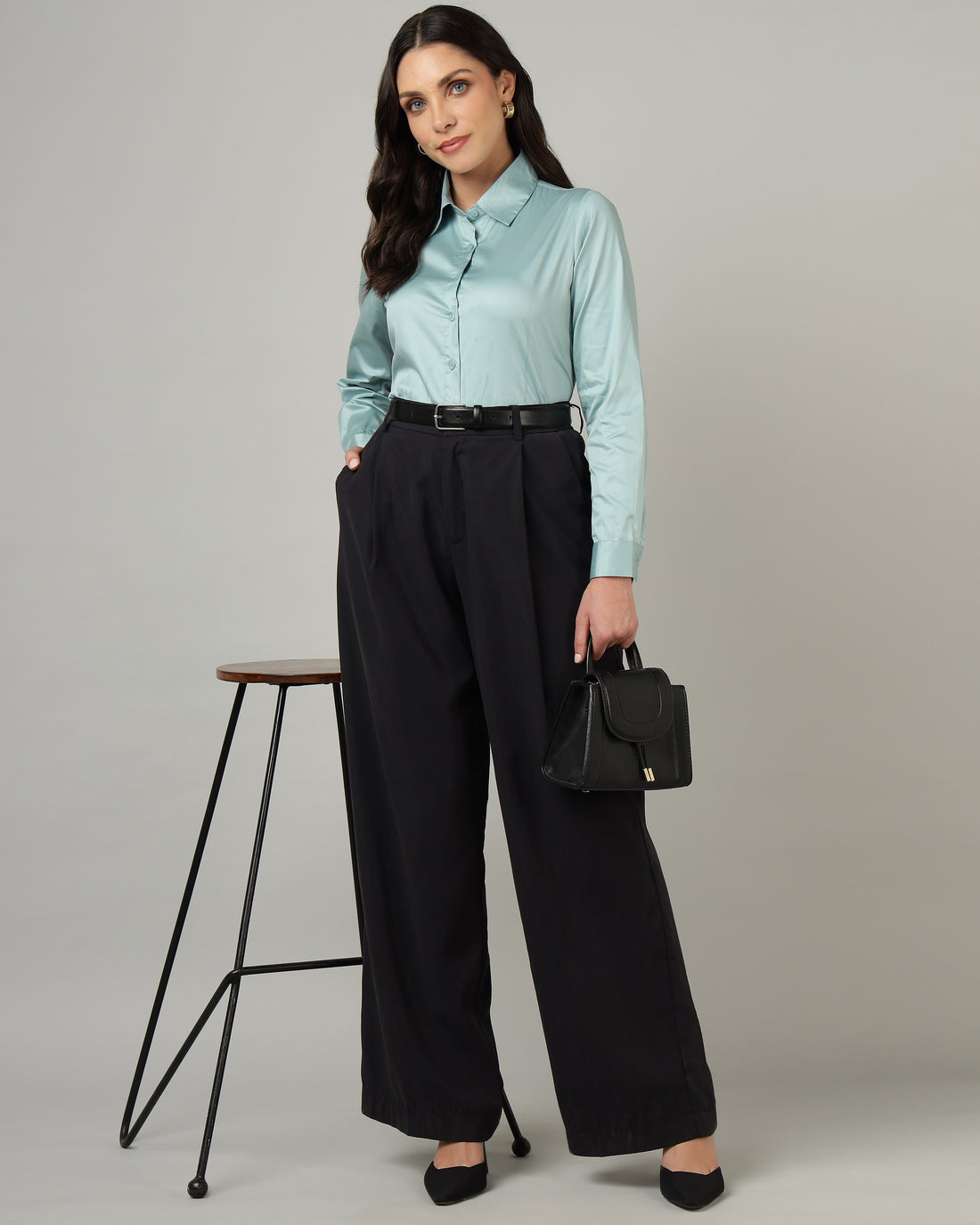 Women’s Pastel Blue Cotton Satin Regular Fit Shirt- 3068