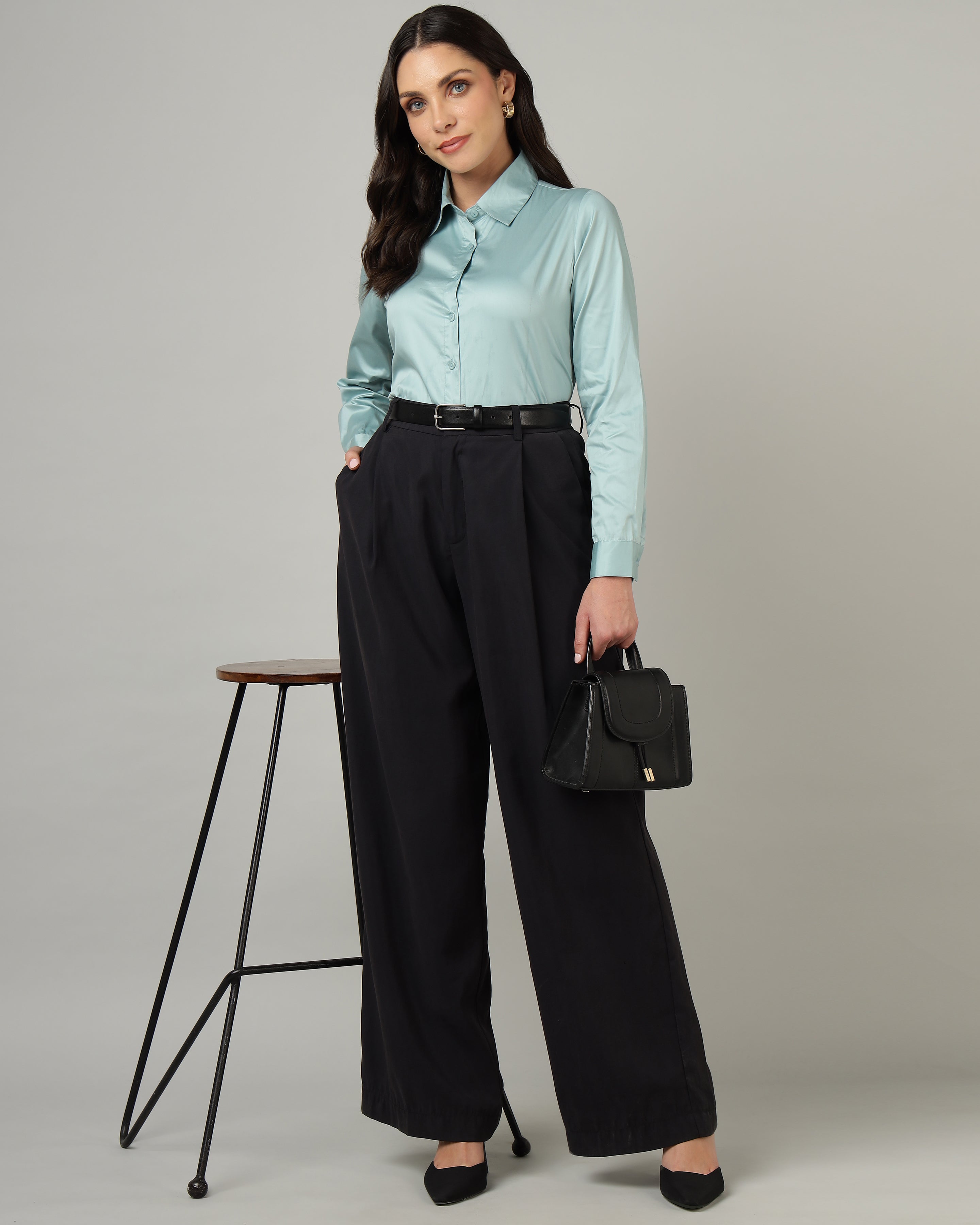 Women’s Pastel Blue Cotton Satin Regular Fit Shirt- 3068