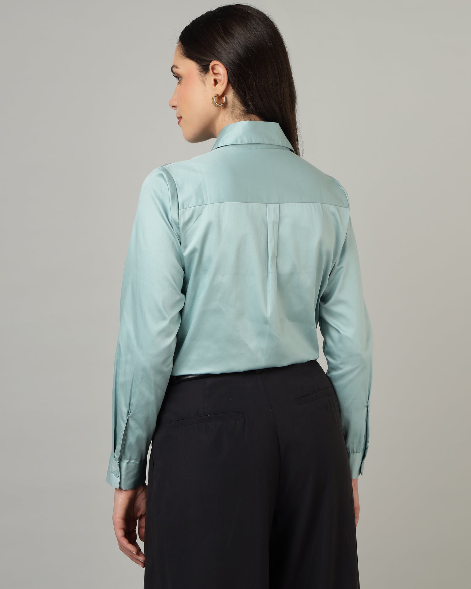Women’s Pastel Blue Cotton Satin Regular Fit Shirt- 3068