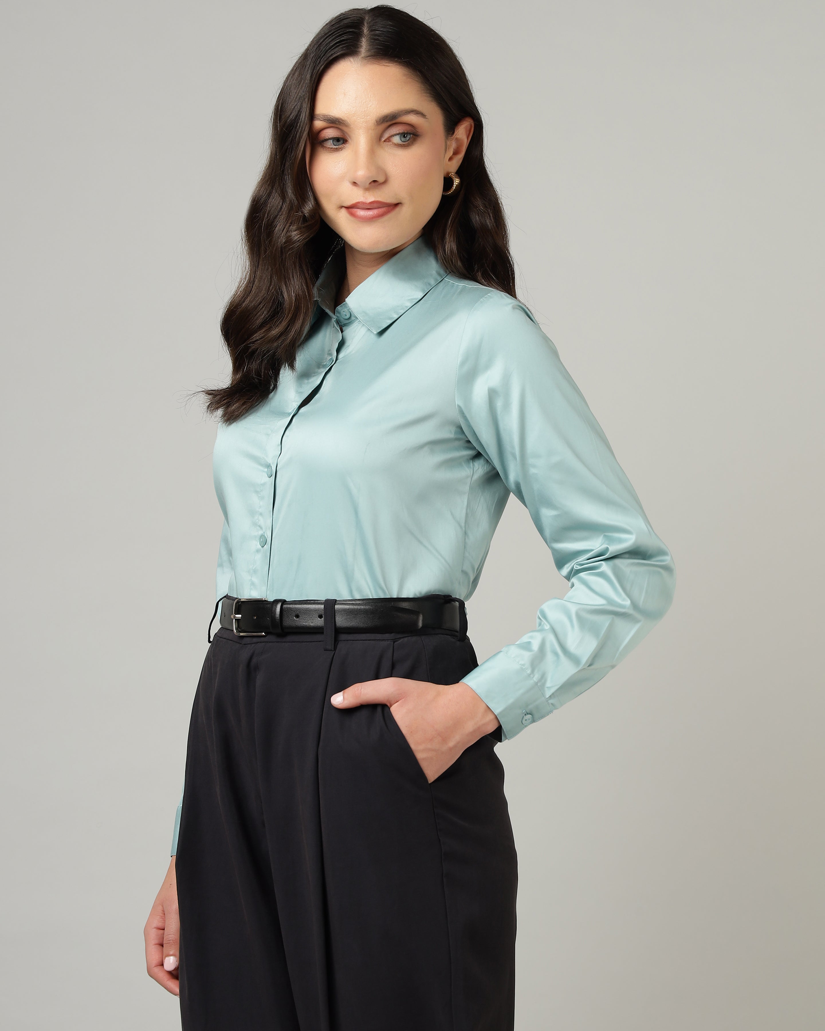 Women’s Pastel Blue Cotton Satin Regular Fit Shirt- 3068