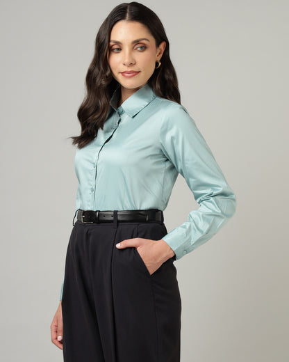 Women’s Pastel Blue Cotton Satin Regular Fit Shirt- 3068