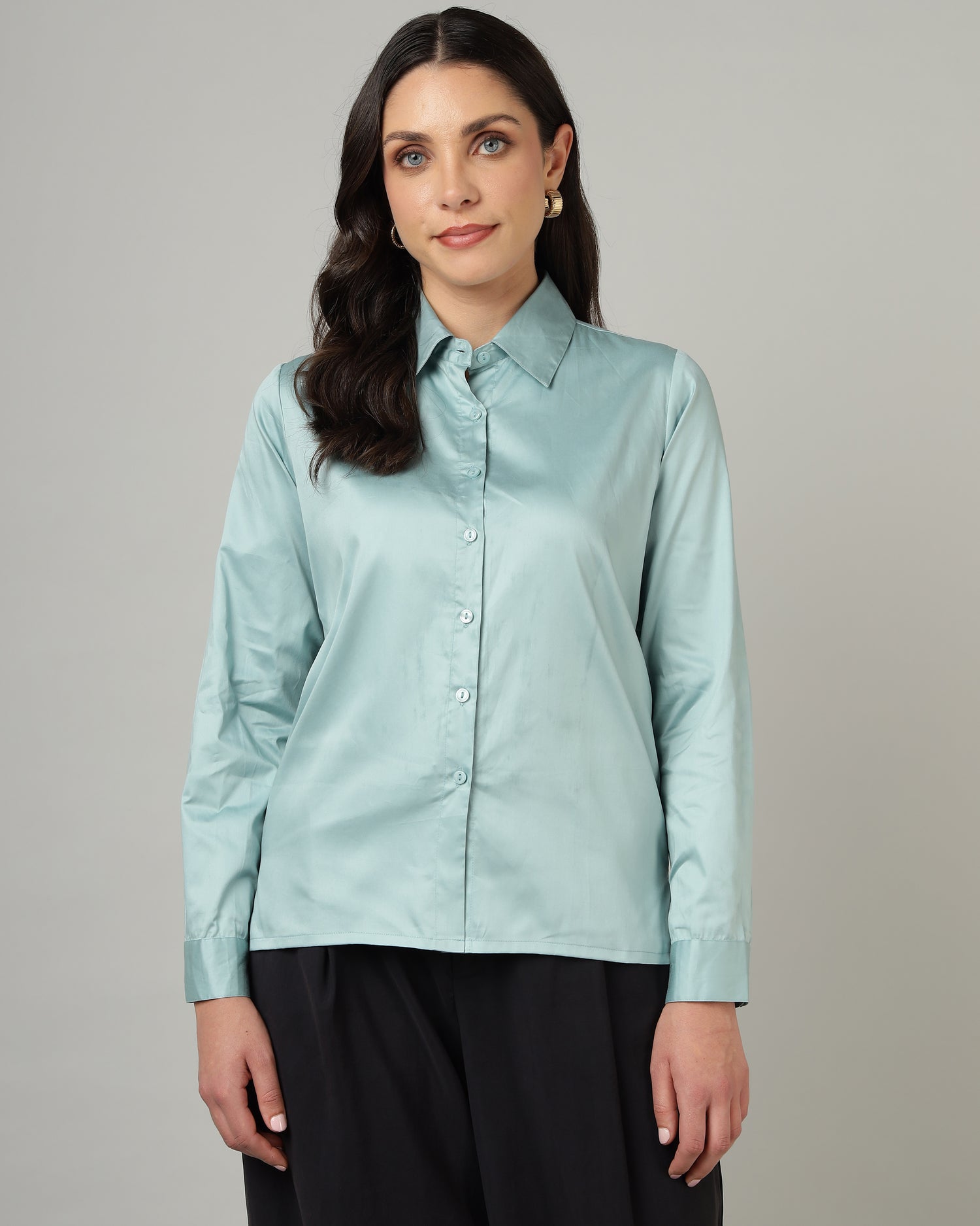 Women’s Pastel Blue Cotton Satin Regular Fit Shirt- 3068