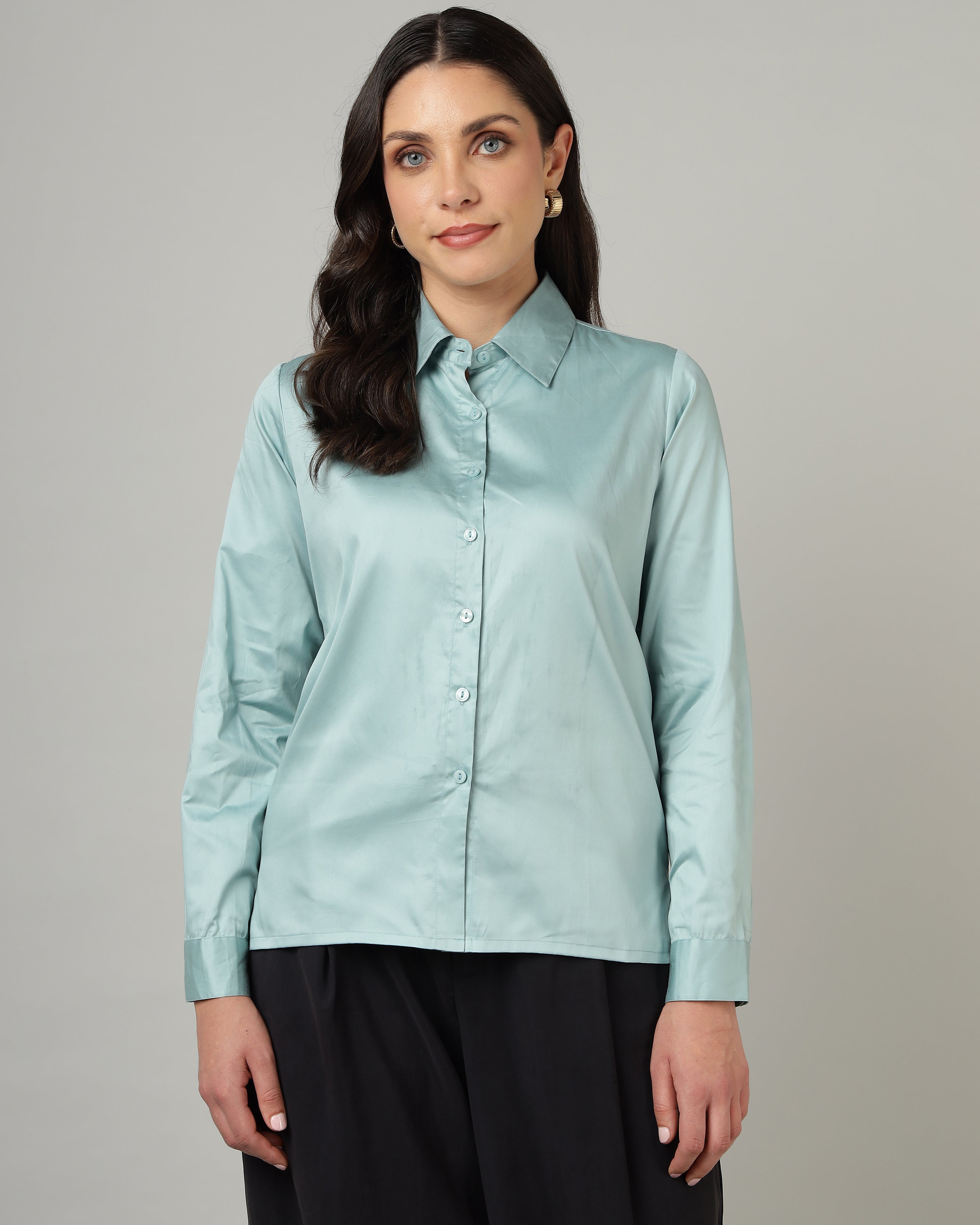 Women’s Pastel Blue Cotton Satin Regular Fit Shirt- 3068