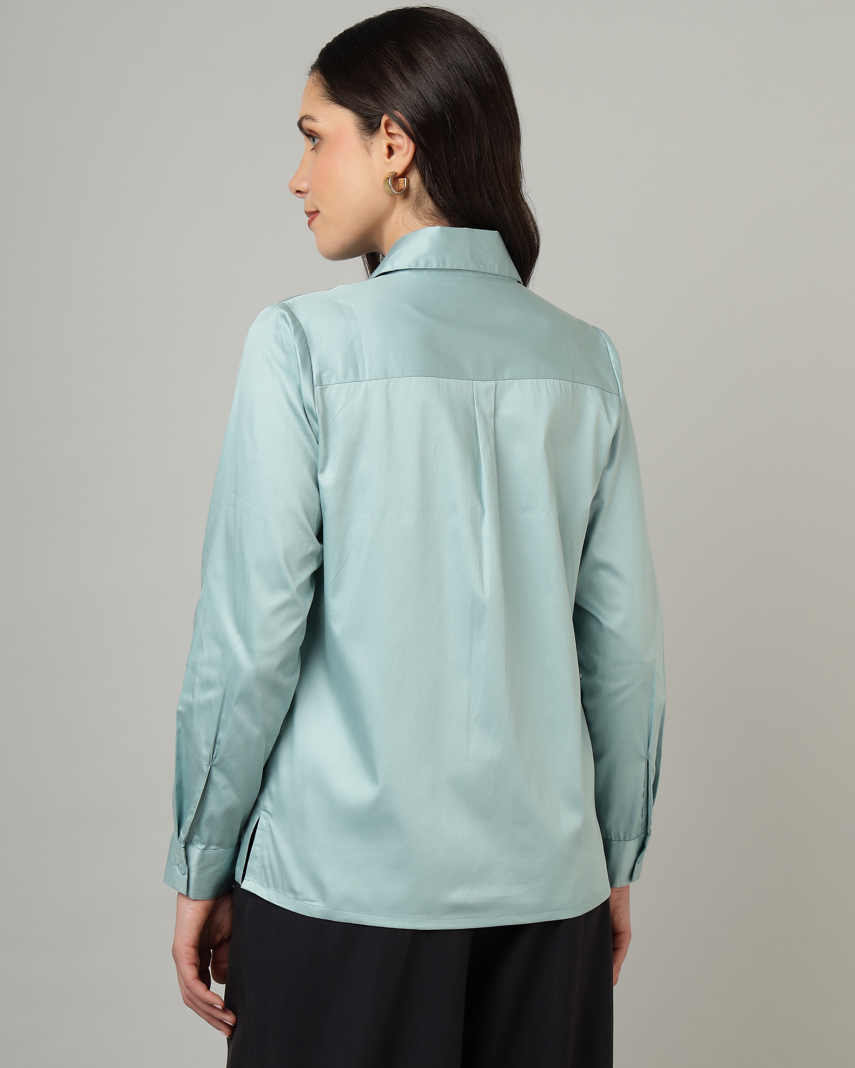 Women’s Pastel Blue Cotton Satin Regular Fit Shirt- 3068