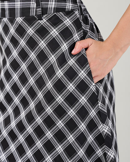 Women’s Black &amp; White Check High-Waist Bias-Cut A-Line Midi Skirt -3110
