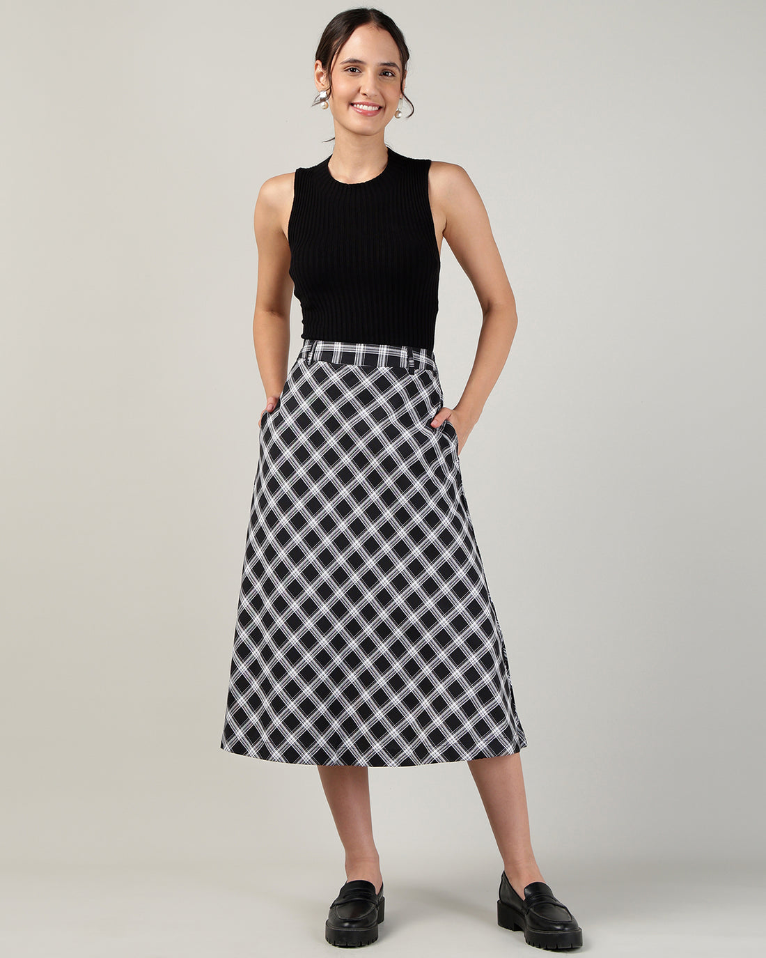Women’s Black &amp; White Check High-Waist Bias-Cut A-Line Midi Skirt -3110