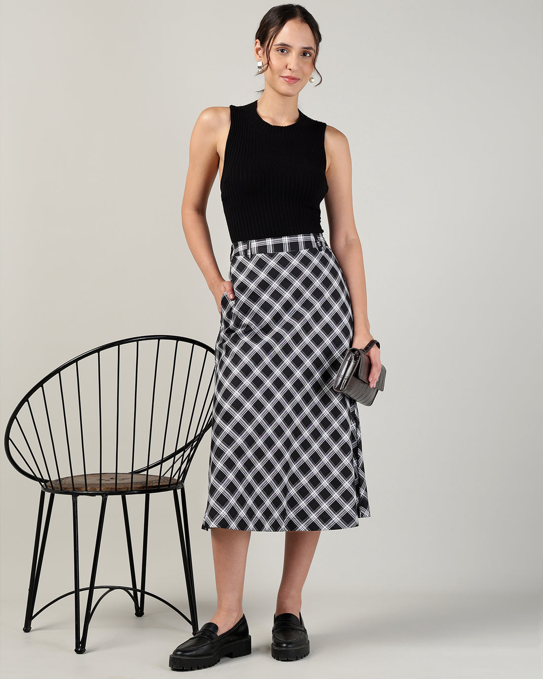 Women’s Black &amp; White Check High-Waist Bias-Cut A-Line Midi Skirt -3110