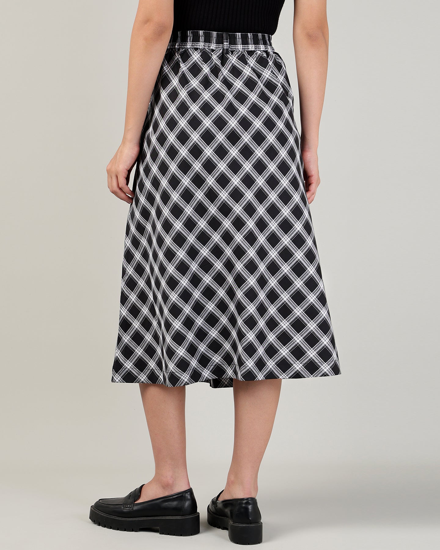 Women’s Black &amp; White Check High-Waist Bias-Cut A-Line Midi Skirt -3110
