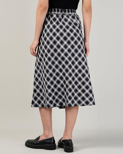Women’s Black &amp; White Check High-Waist Bias-Cut A-Line Midi Skirt -3110