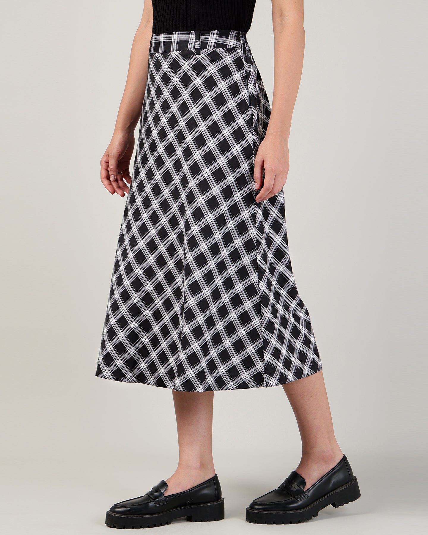 Women’s Black &amp; White Check High-Waist Bias-Cut A-Line Midi Skirt -3110
