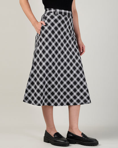 Women’s Black &amp; White Check High-Waist Bias-Cut A-Line Midi Skirt -3110