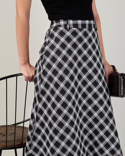 Women’s Black &amp; White Check High-Waist Bias-Cut A-Line Midi Skirt -3110