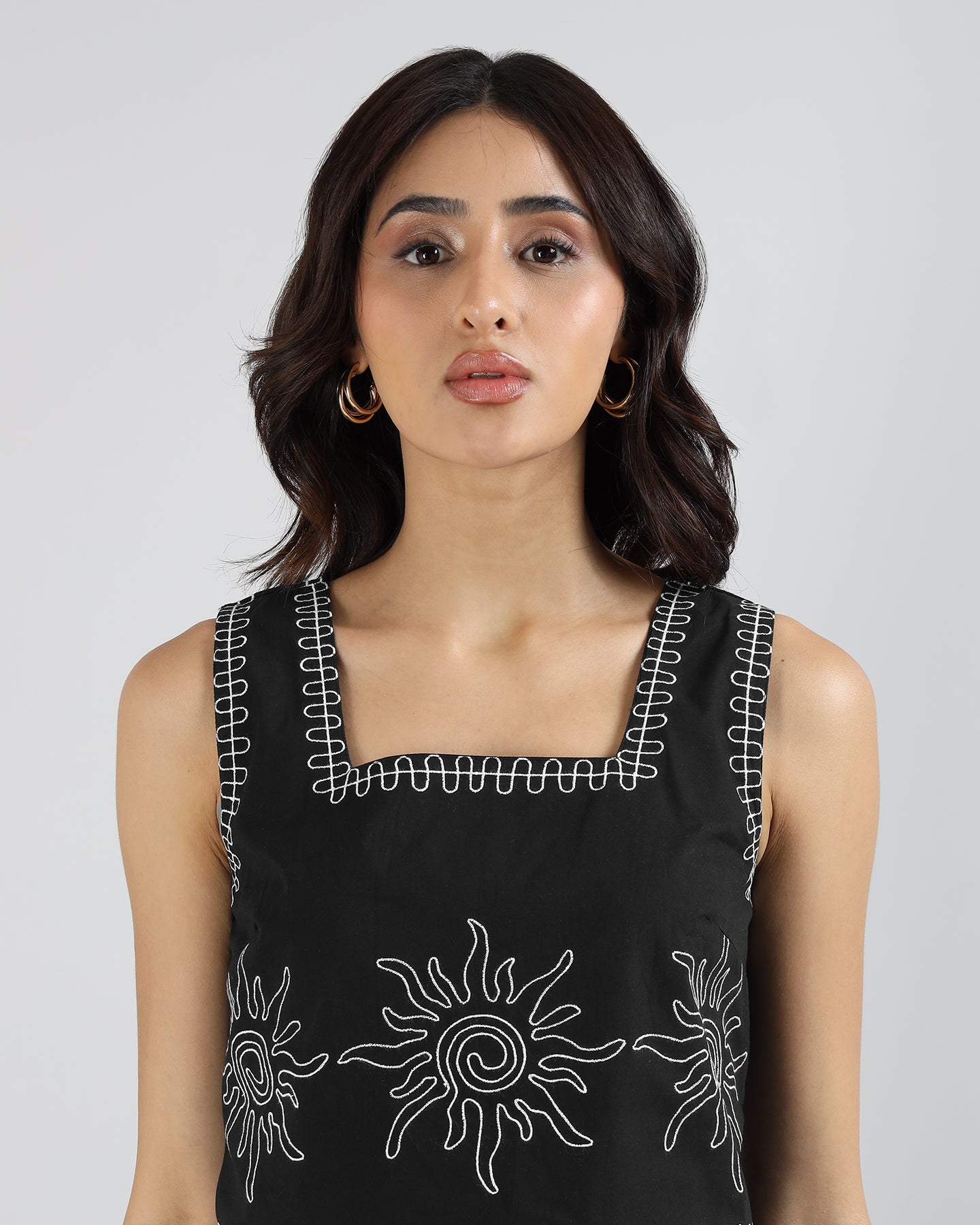 Sands Of India Women’s Black Cotton Co-ord Set with Contrast Embroidery Sleeveless Top with Wide Leg Pants -3114