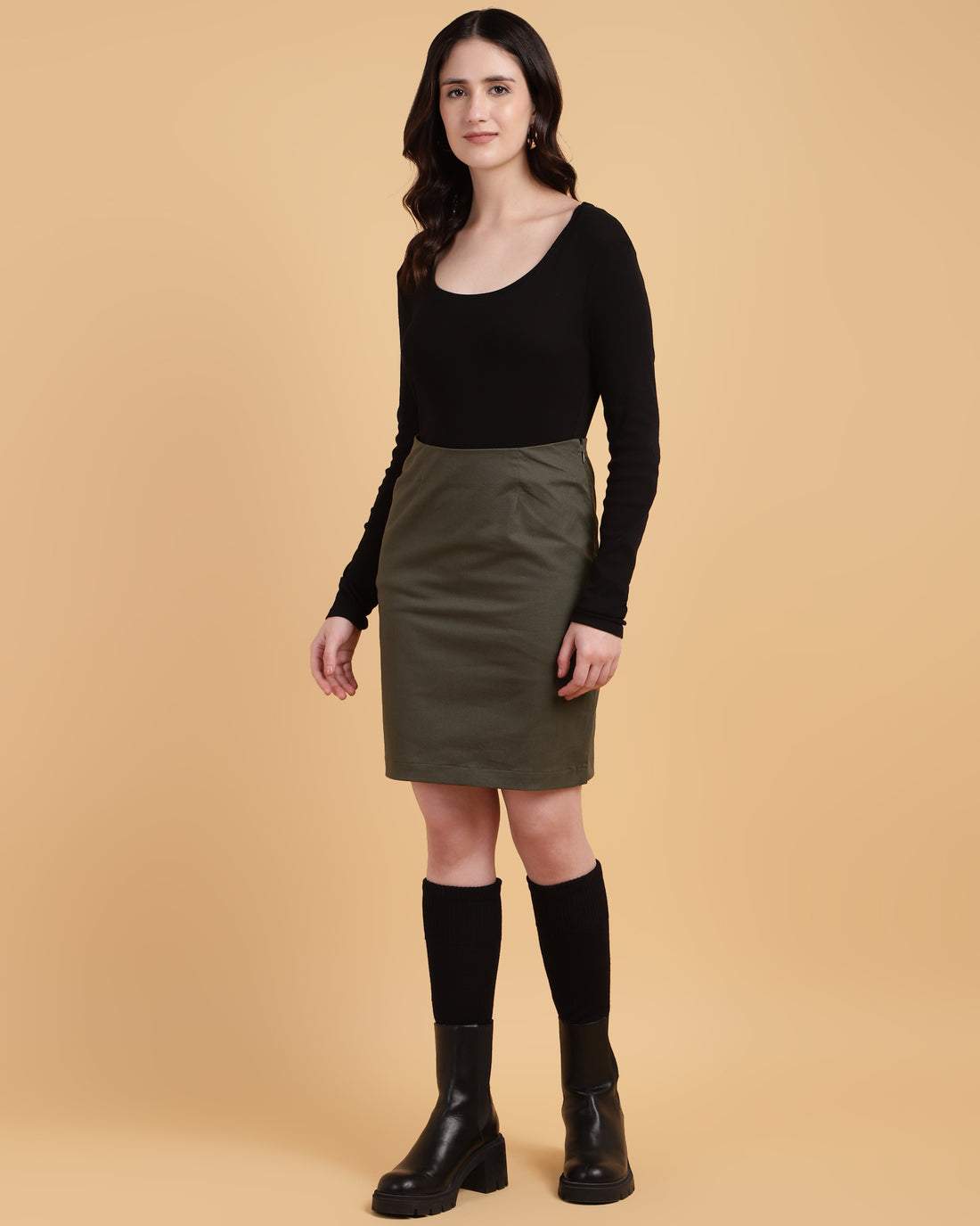 Dark Green Classic Straight-Cut Skirt-2939