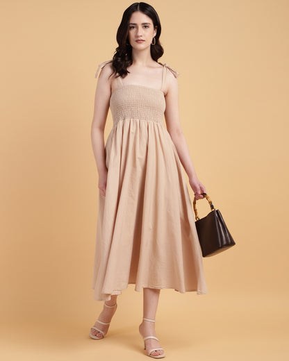 Brown Smocked Casual Midi Dress with Tie-up Straps-2925