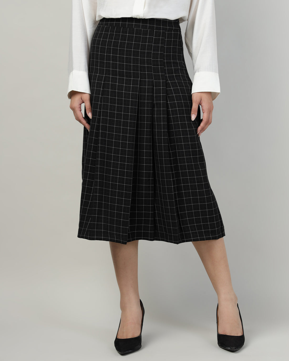 Women’s Black Checked Pleated A-Line Midi Skirt – Calf-Length-2932