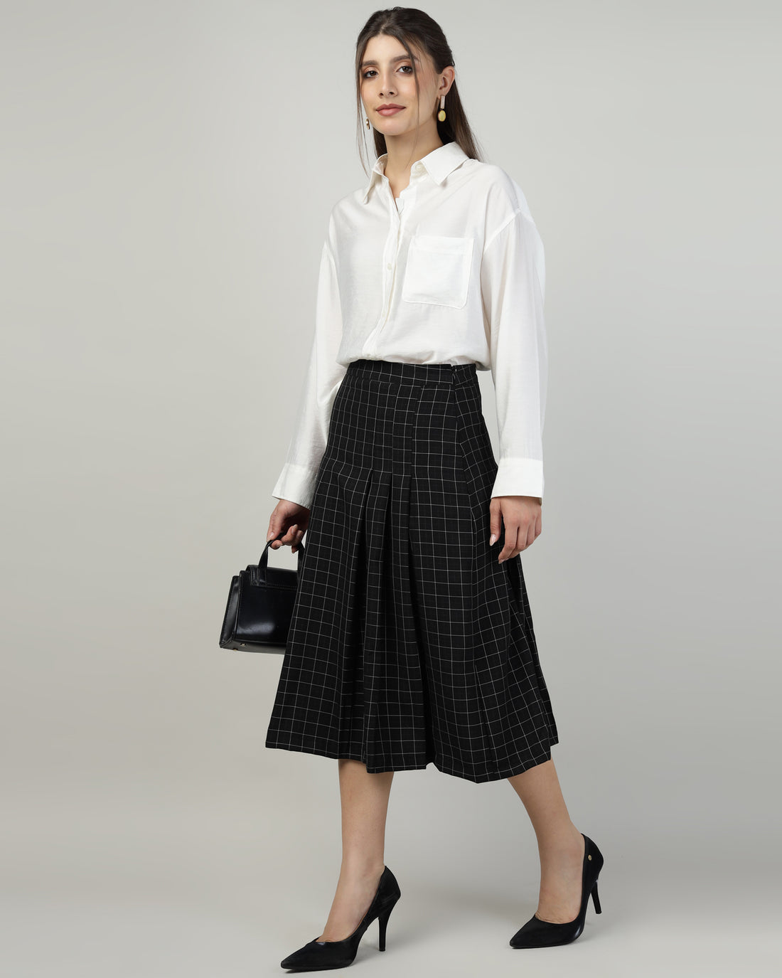 Women’s Black Checked Pleated A-Line Midi Skirt – Calf-Length-2932