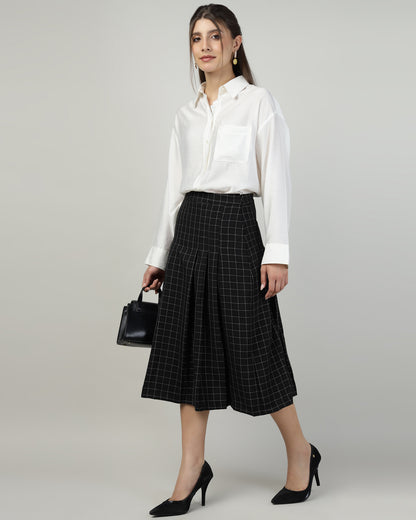 Women’s Black Checked Pleated A-Line Midi Skirt – Calf-Length-2932