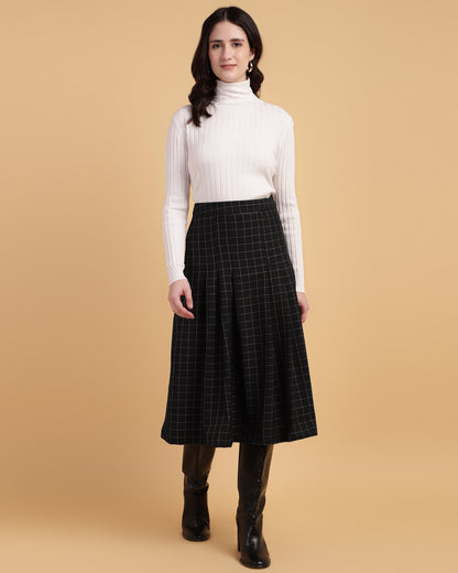 Pleated A-Line Calf-Length Skirt with Check Fabric-2932