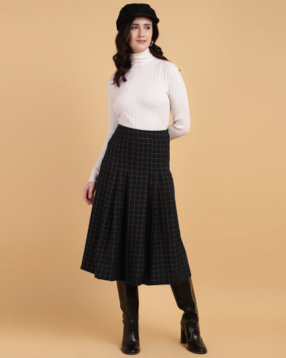 Pleated A-Line Calf-Length Skirt with Check Fabric-2932