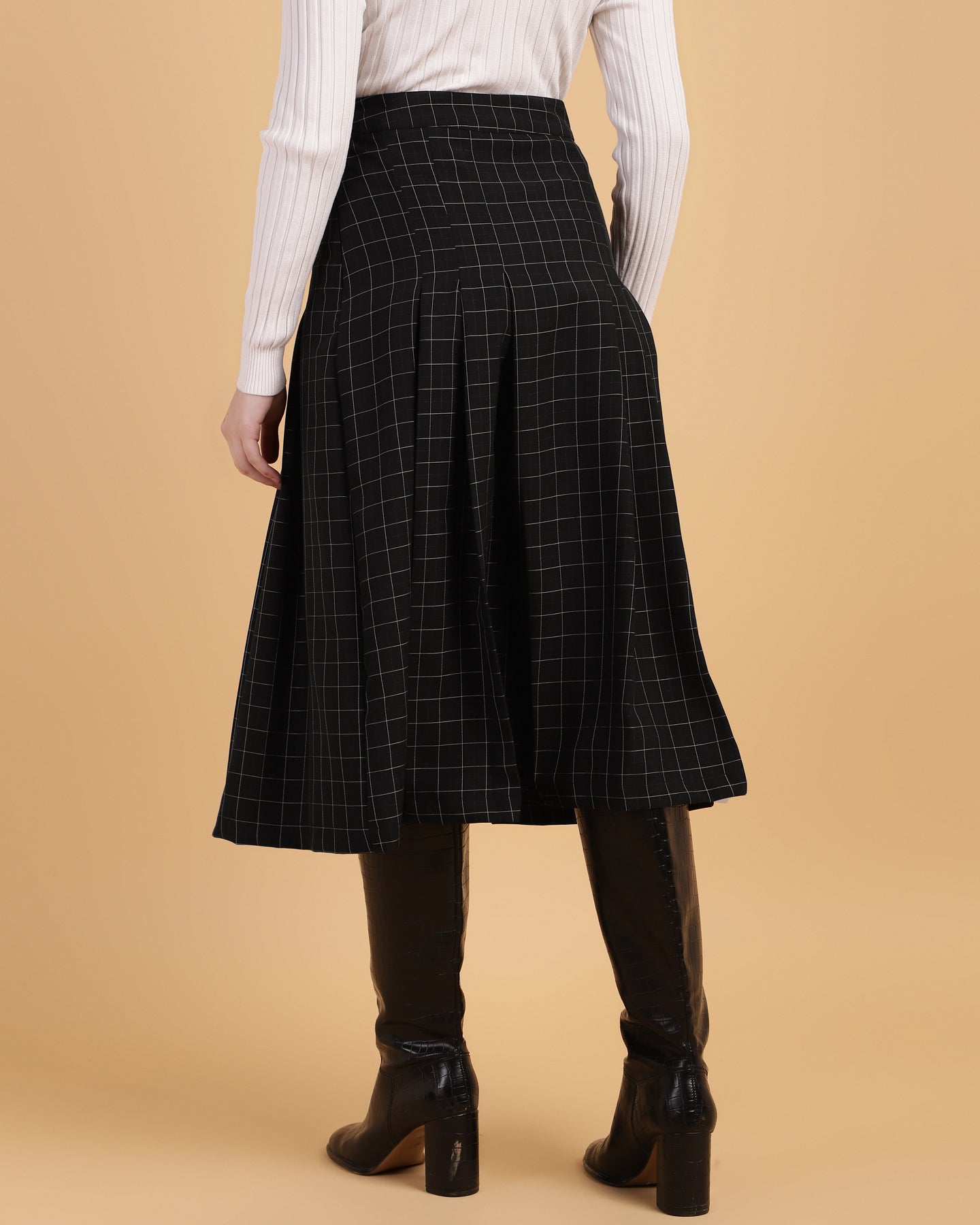 Pleated A-Line Calf-Length Skirt with Check Fabric-2932