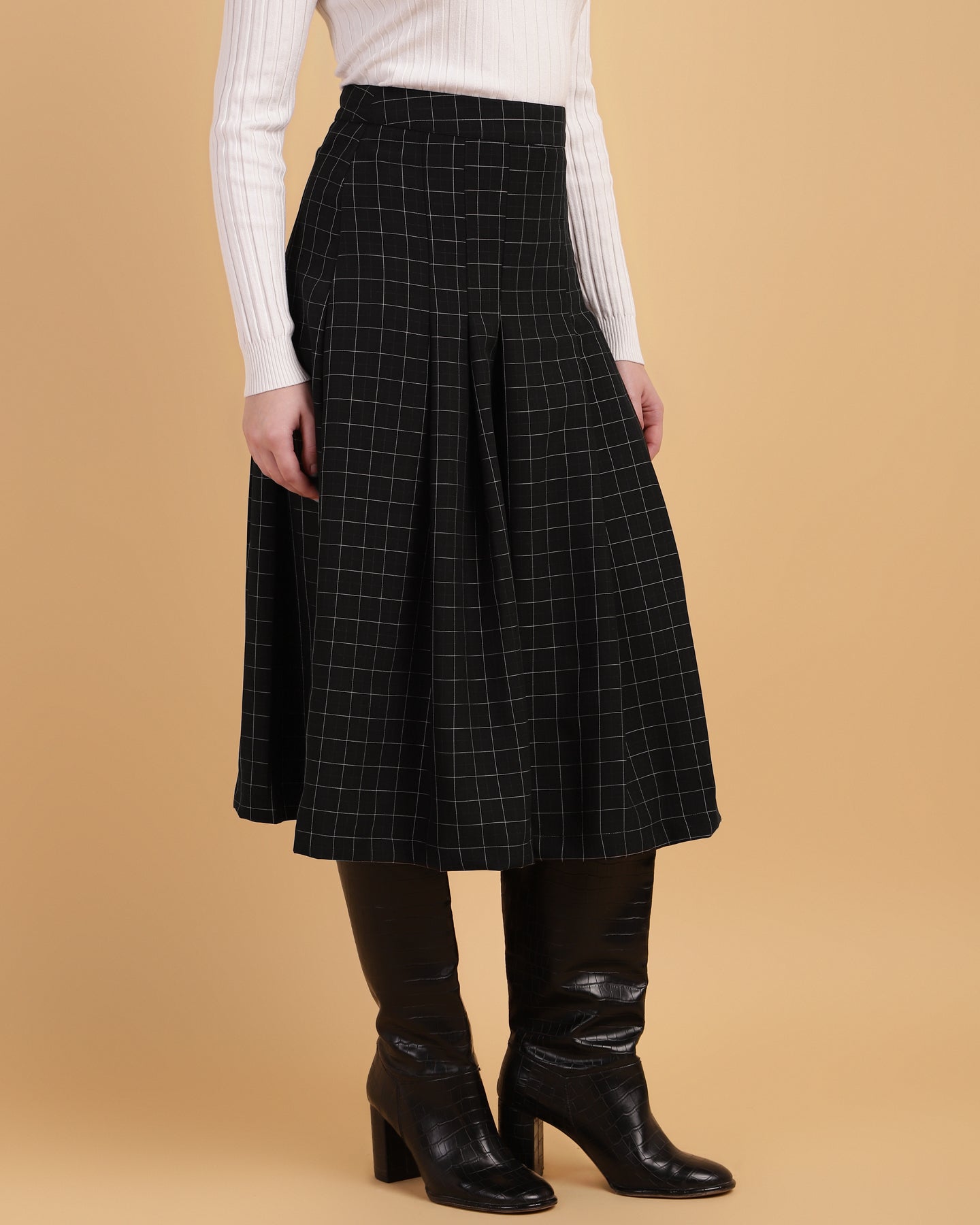 Pleated A-Line Calf-Length Skirt with Check Fabric-2932