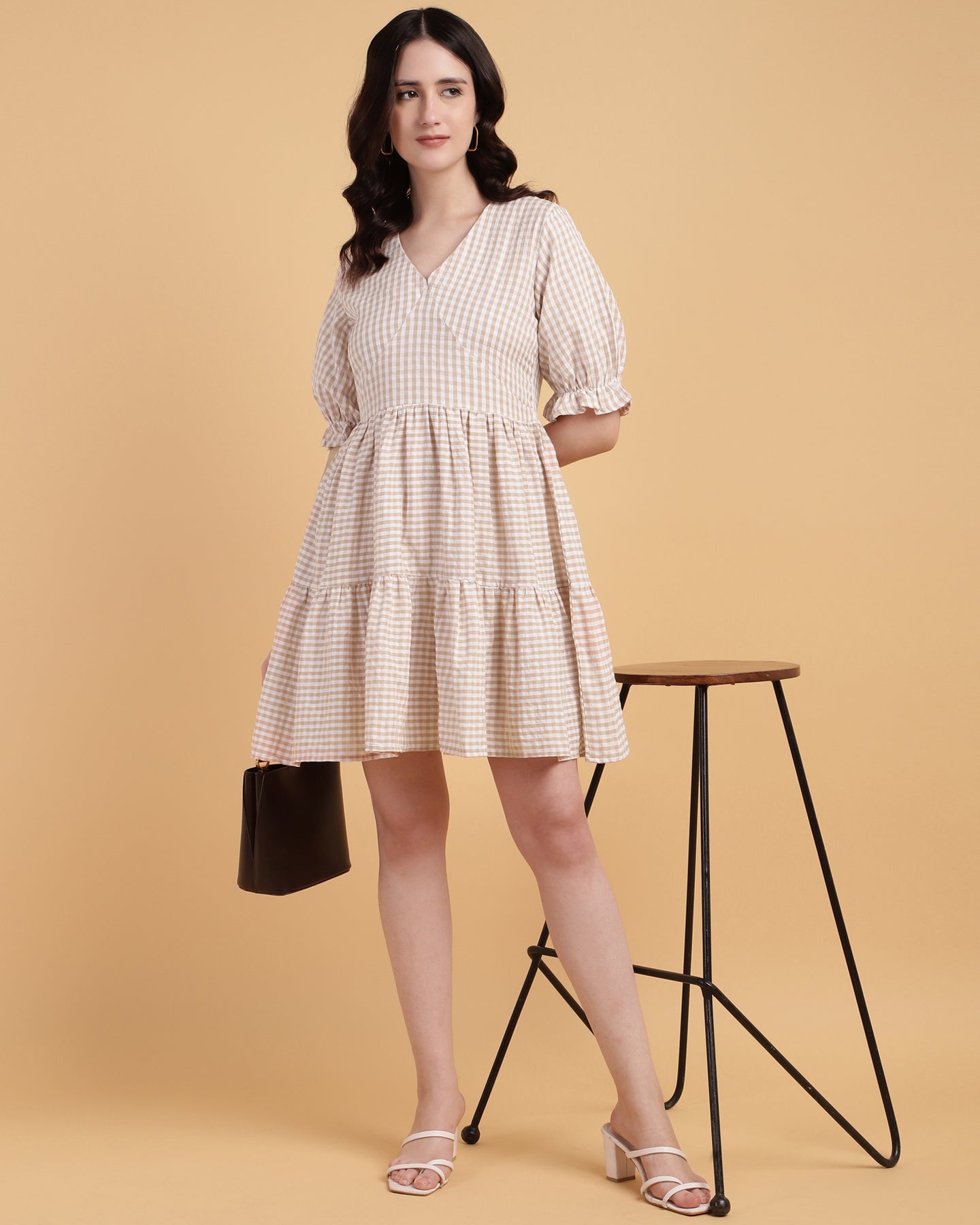 Beige colour 2 Tiered Casual Midi Dress-2922