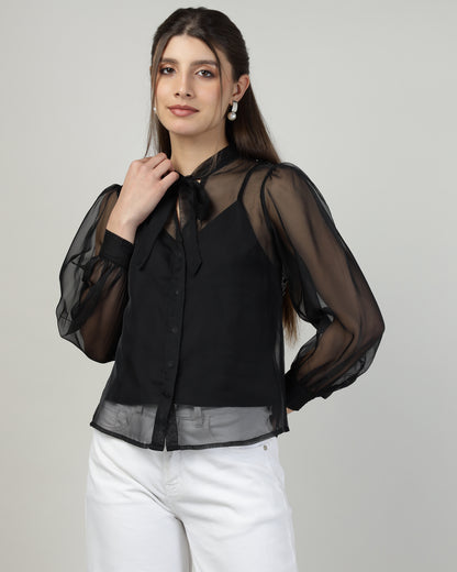 Black Organza embroidered shirt - 2988