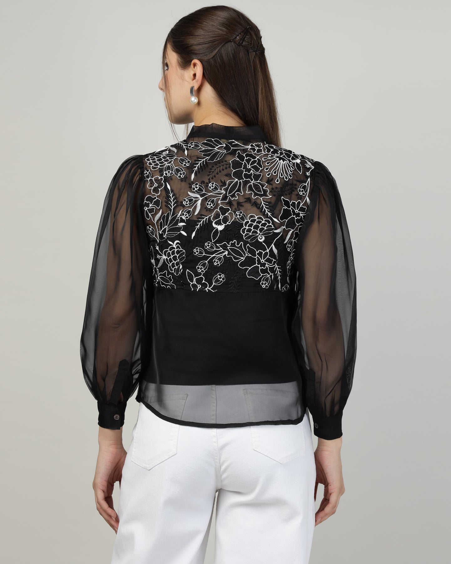 Black Organza embroidered shirt - 2988