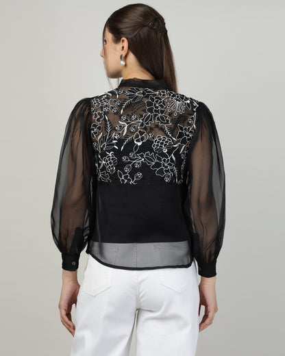 Black Organza embroidered shirt - 2988