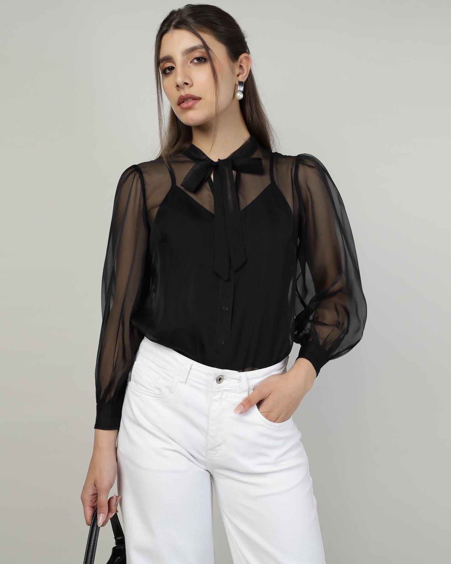 Black Organza embroidered shirt - 2988