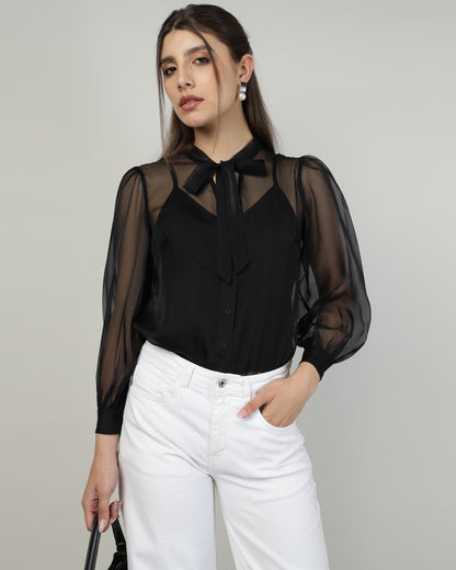 Black Organza embroidered shirt - 2988